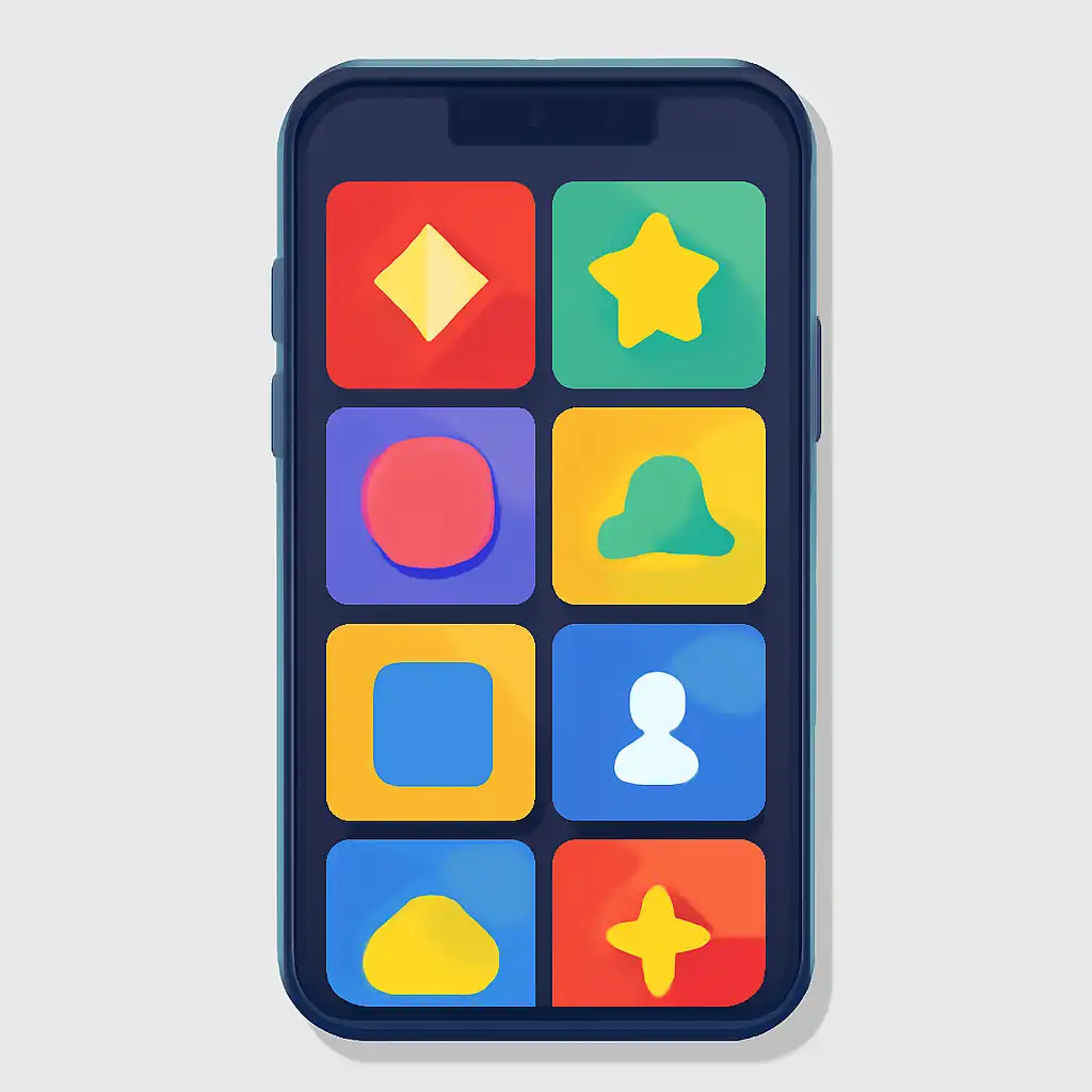 Smartphone shown from the front displaying a colourful flat layout of abstract game icons and rounded tiles (no text, no letters, no labels), 82 Game