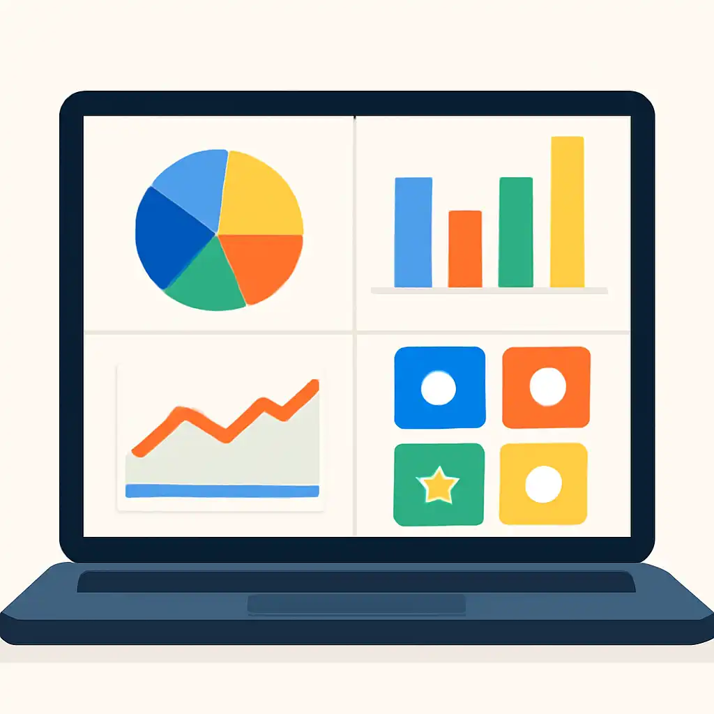 Laptop shown from the front displaying a colourful flat dashboard of abstract charts, bars and icon tiles (no text, no letters, no labels), 82 Game