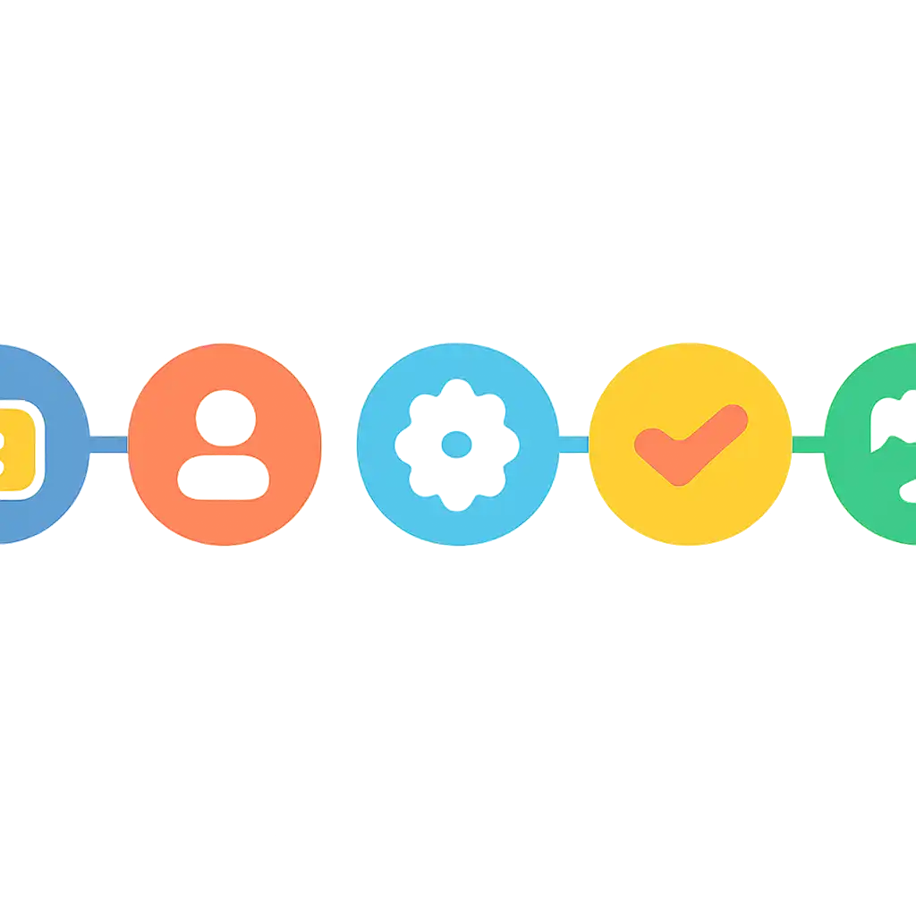 Five numbered circular icons connected by arrows in a horizontal flow, flat illustration, icons only, no words, 82 Game steps